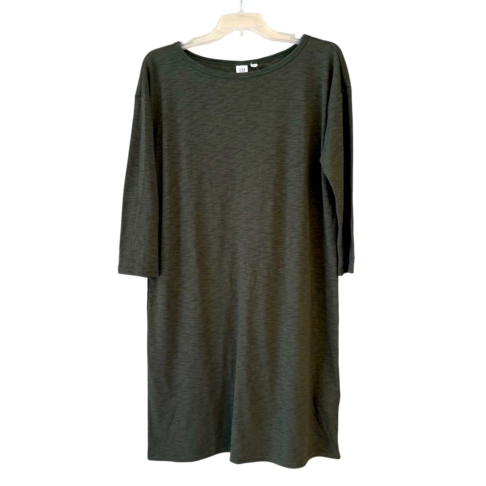 GAP Knit Sheath T-shirt Dress with Bateau Neckline Olive Green 3/4 Sleeve Medium